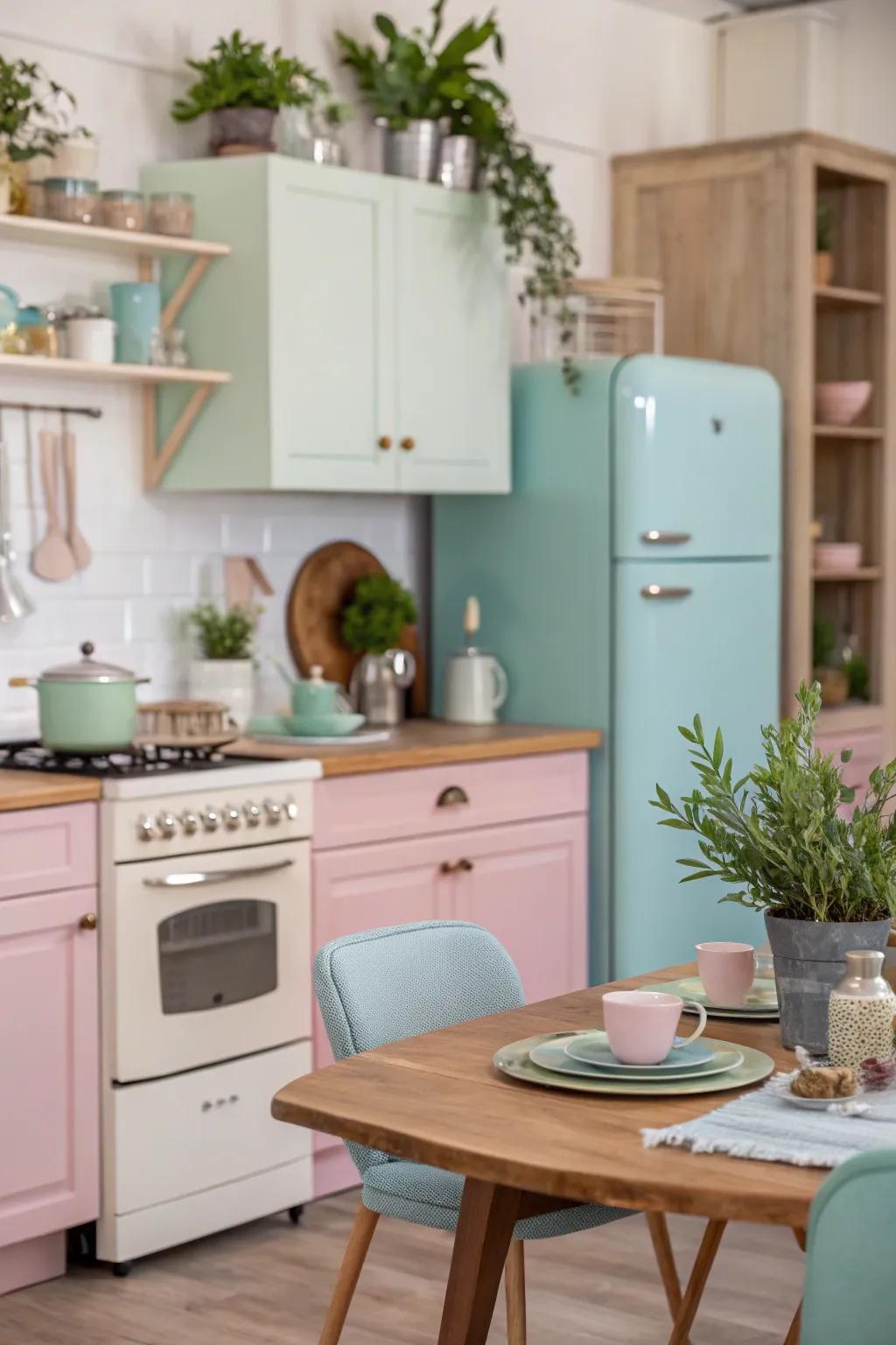 Soft shades fashion a calming and animated kitchen ambiance.