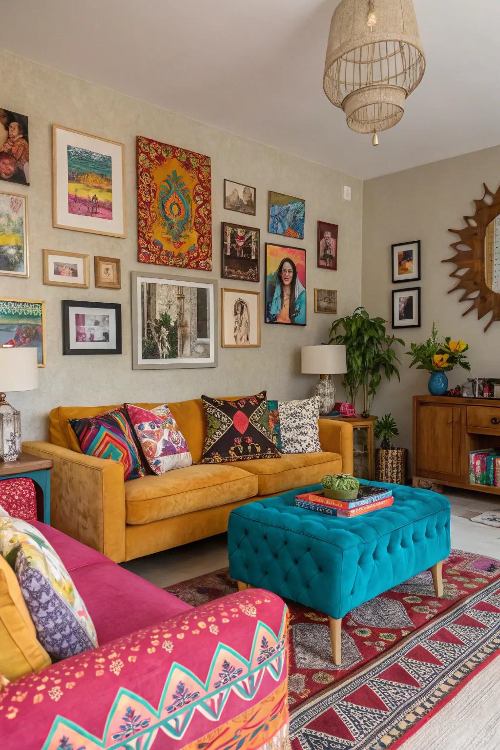 Tailored art pieces add a unique flair to this vibrant living area.