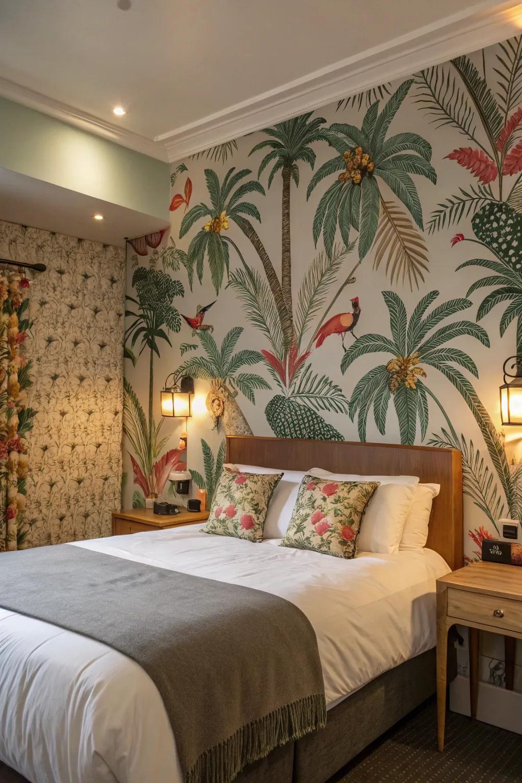 Distinctive wall coverings infuse this bedroom with color and texture.