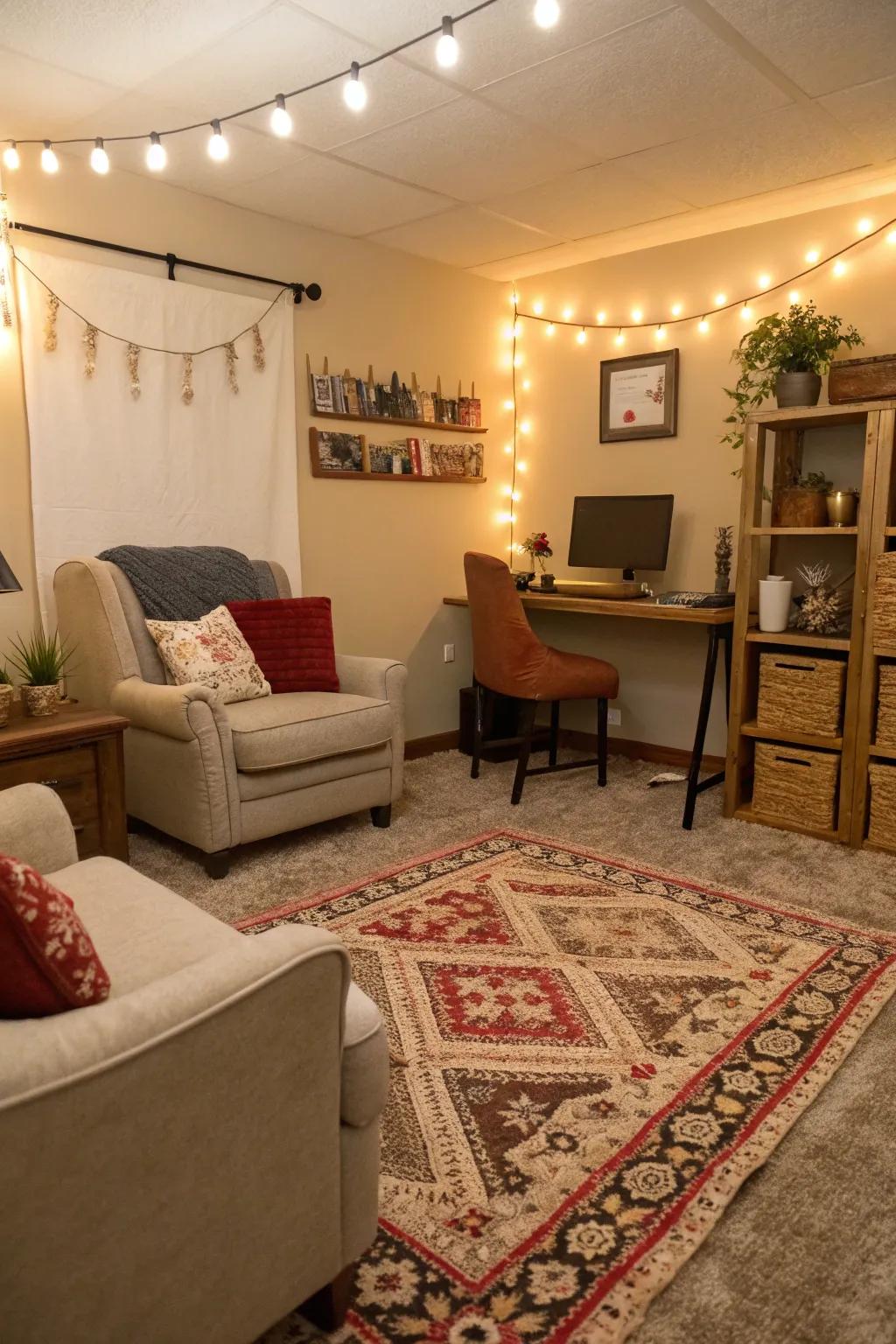A welcoming computer space featuring a warm and cozy rug.