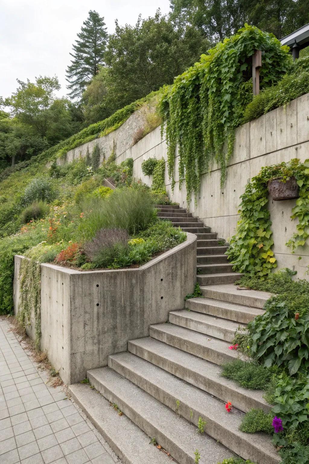 Integrated steps provide style and function to retaining structures.