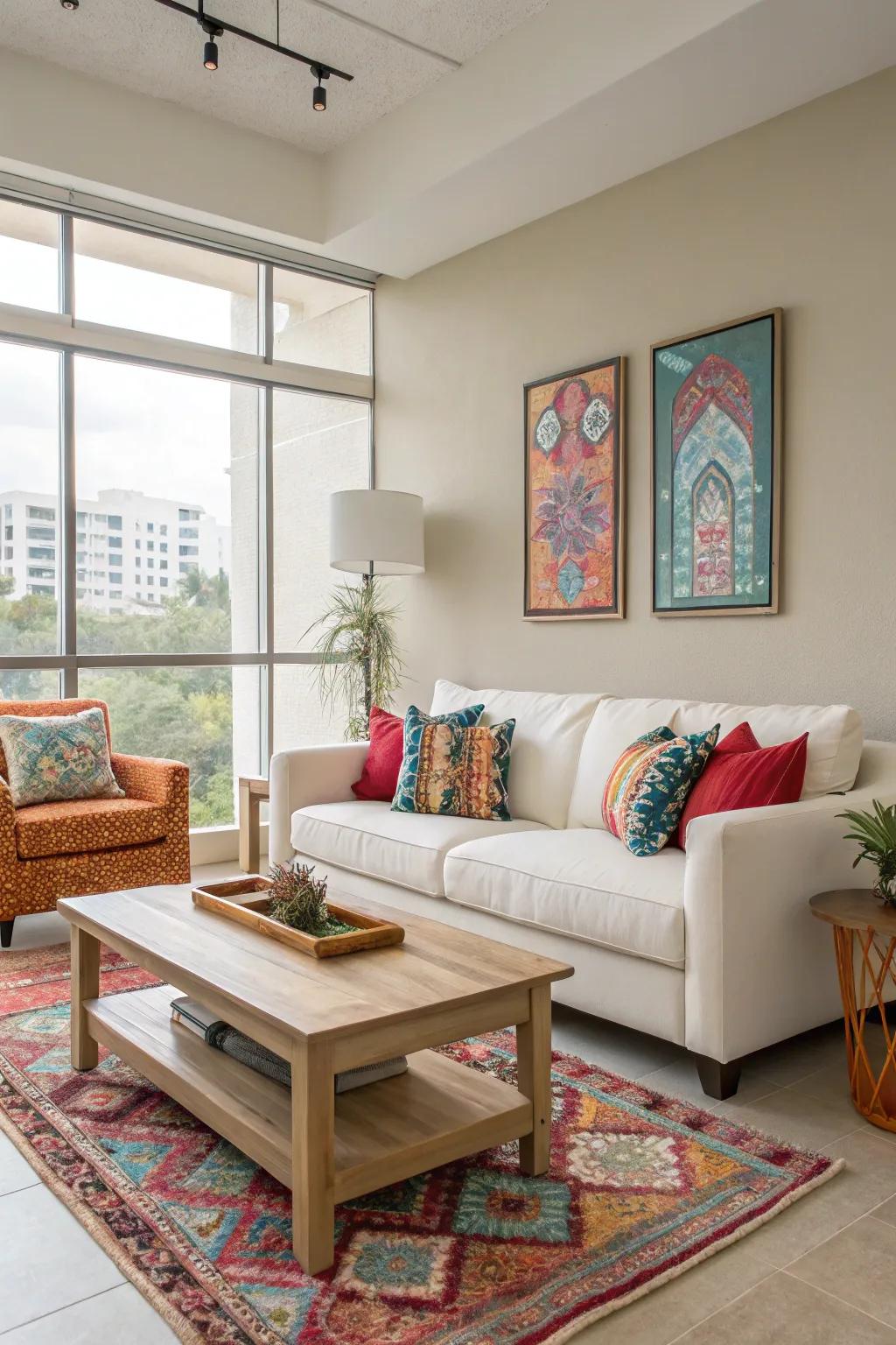 Neutral foundation with striking accents in a condo living space.