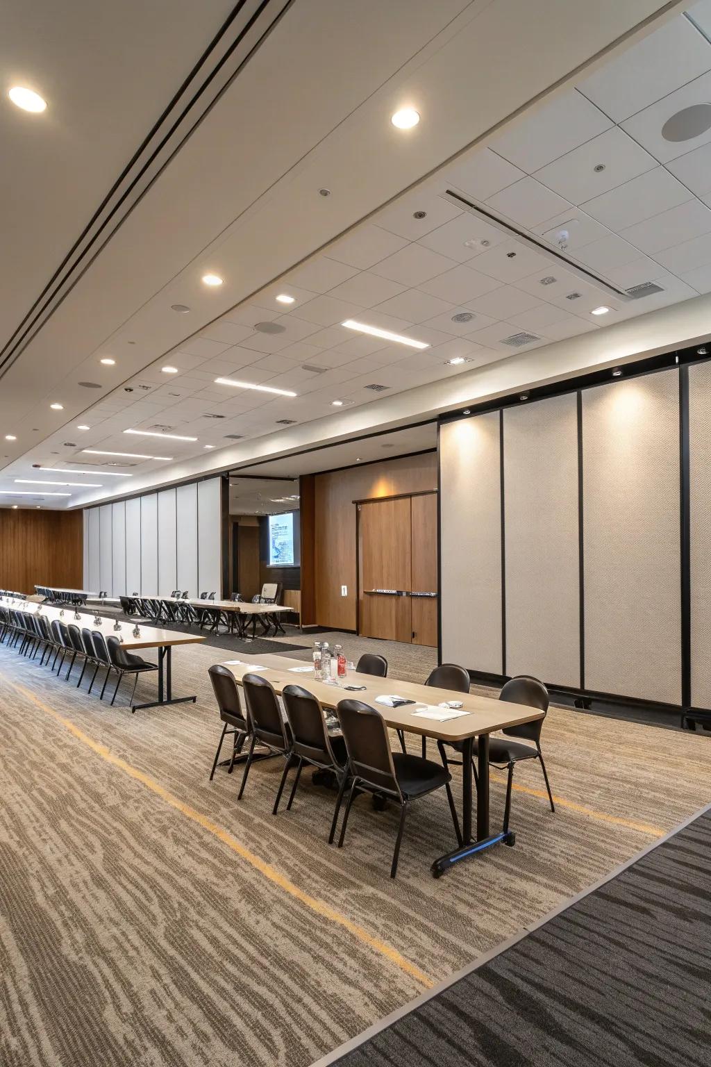 Repositionable partitions provide flexibility for various meeting needs.