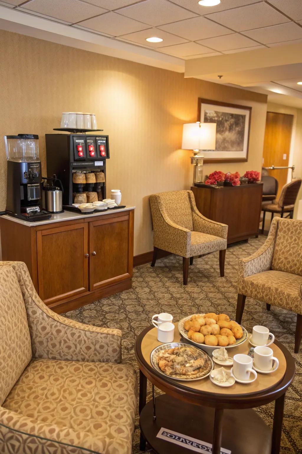 A refreshment nook adds warmth and hospitality to the space.