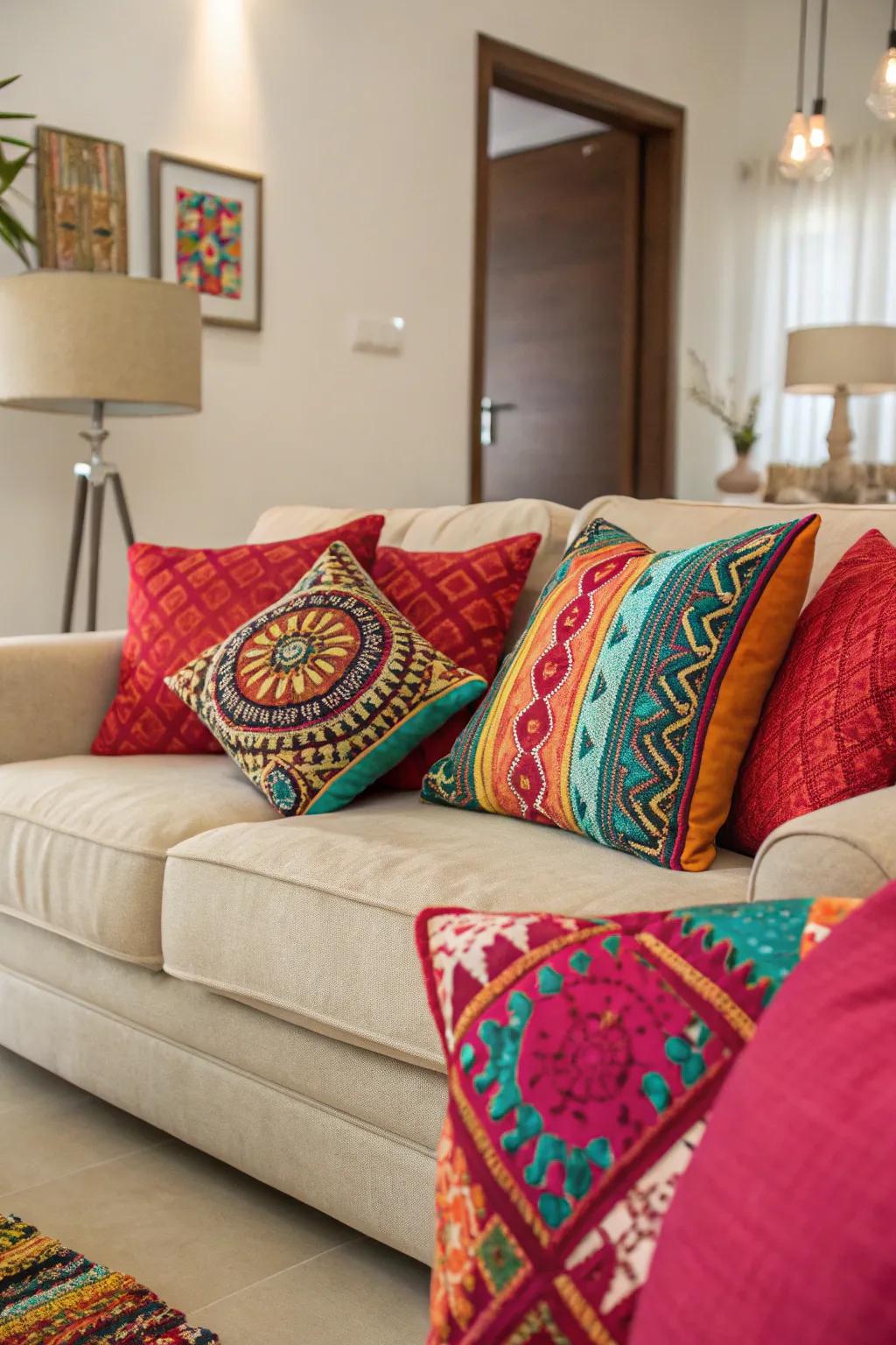 This neutral living room is made more colorful and expressive by the use of striking fabrics.