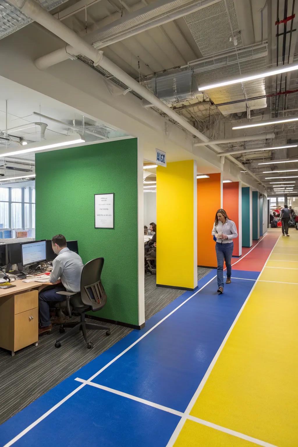 Office space with color blocking defining different areas.