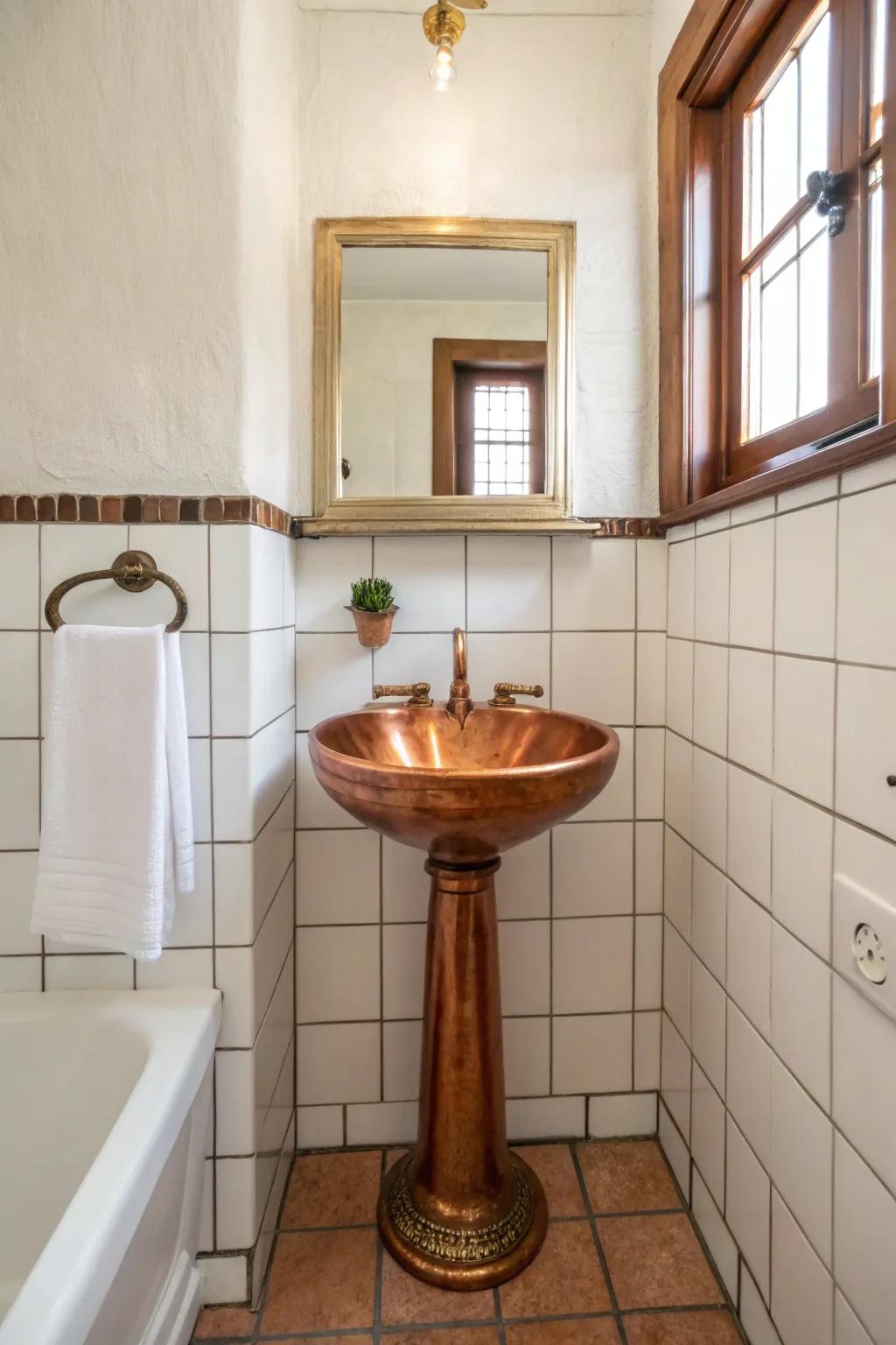 A copper pedestal sink adds a dramatic and elegant touch to this small bathroom.