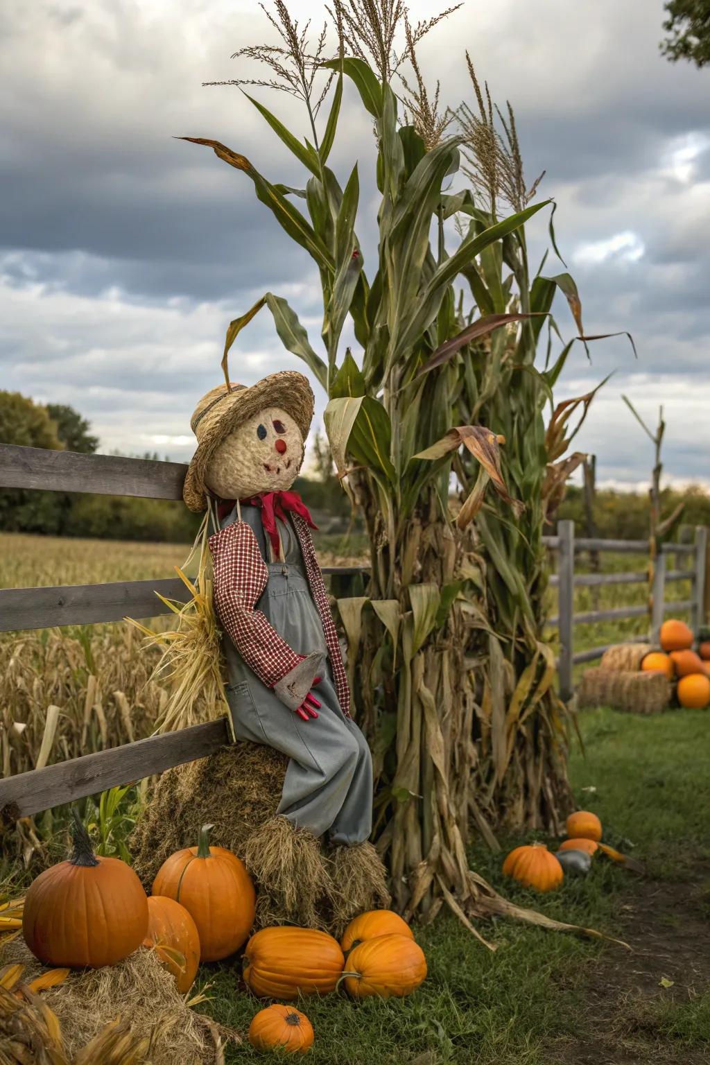 Incorporate an element of whimsy using a dummy amidst corn stalks.