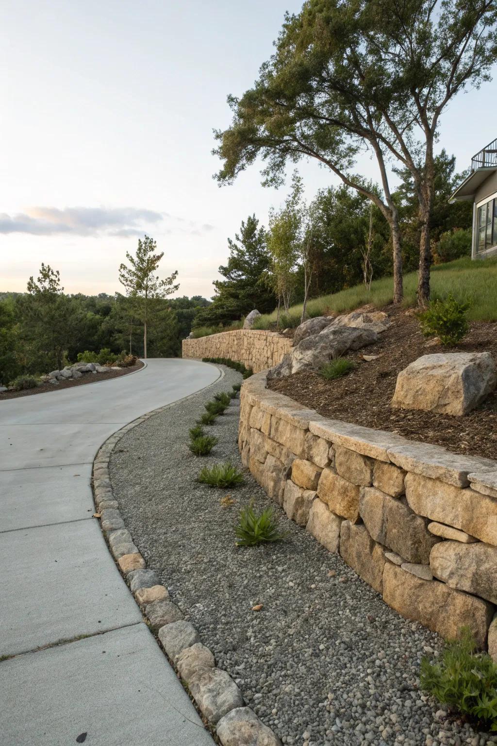 A natural stone retaining wall adding dimension to the driveway.