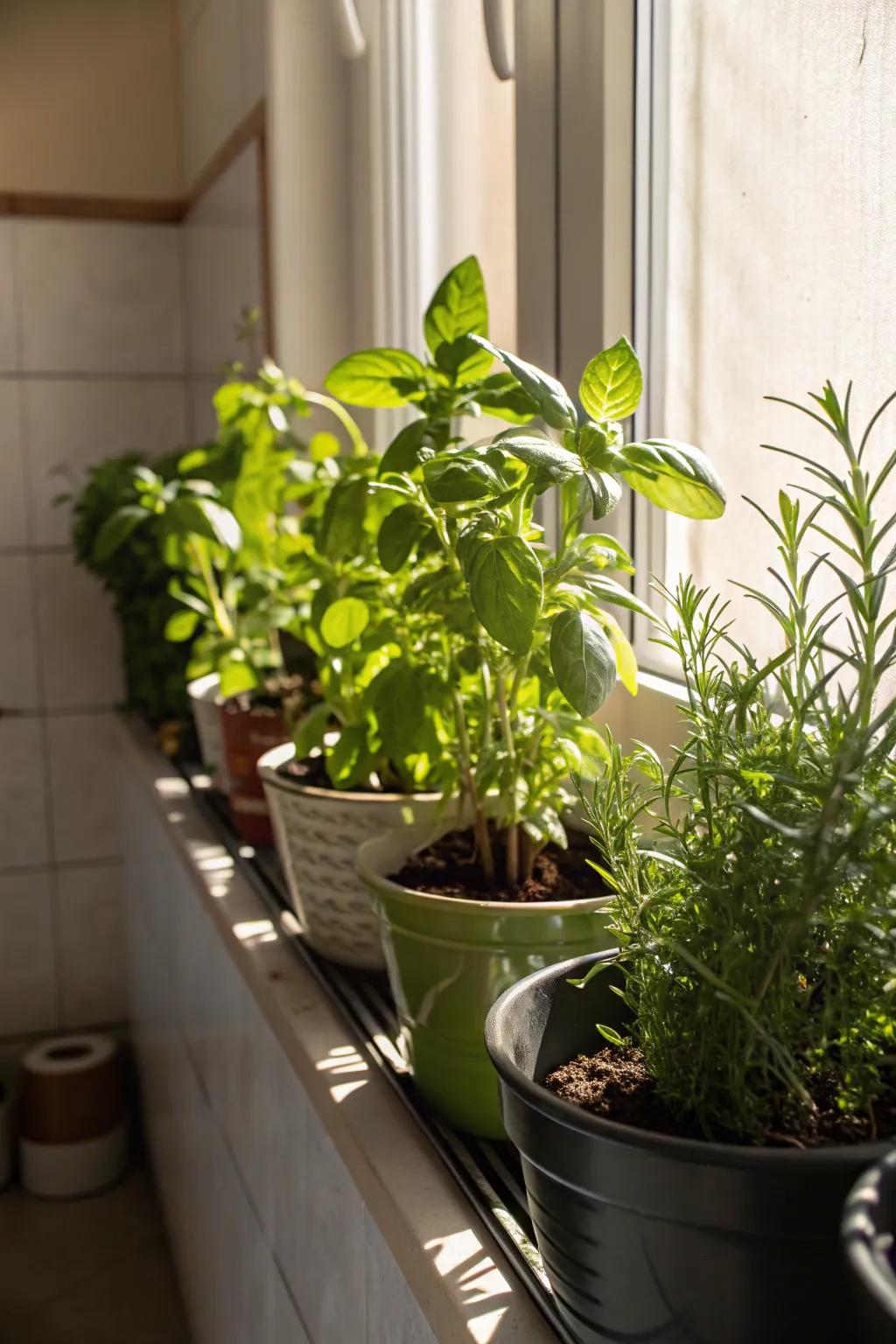 Ledge herb pots that bring freshness and greenery indoors.
