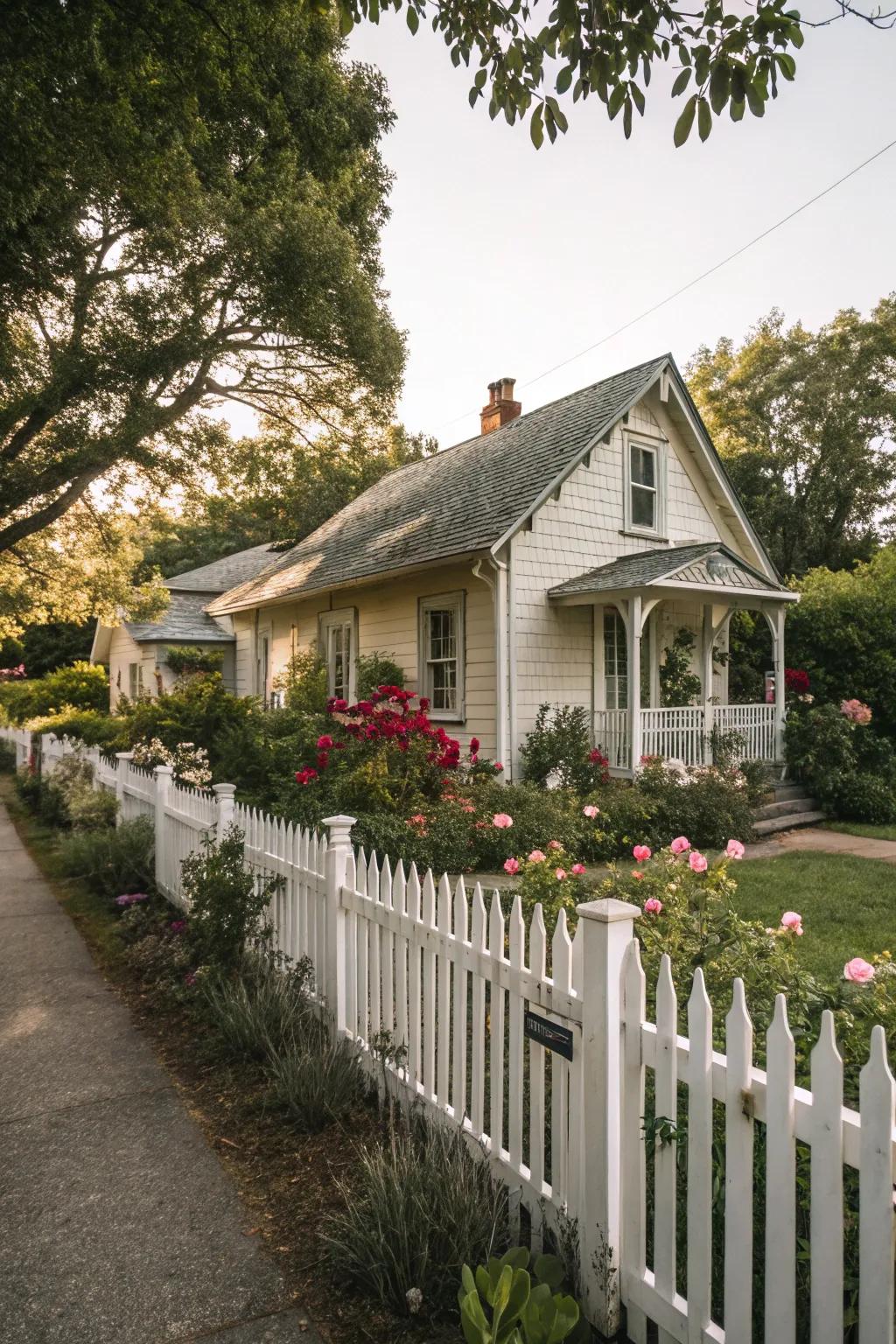 A white picket barrier imparts classic charm to a cottage facade.