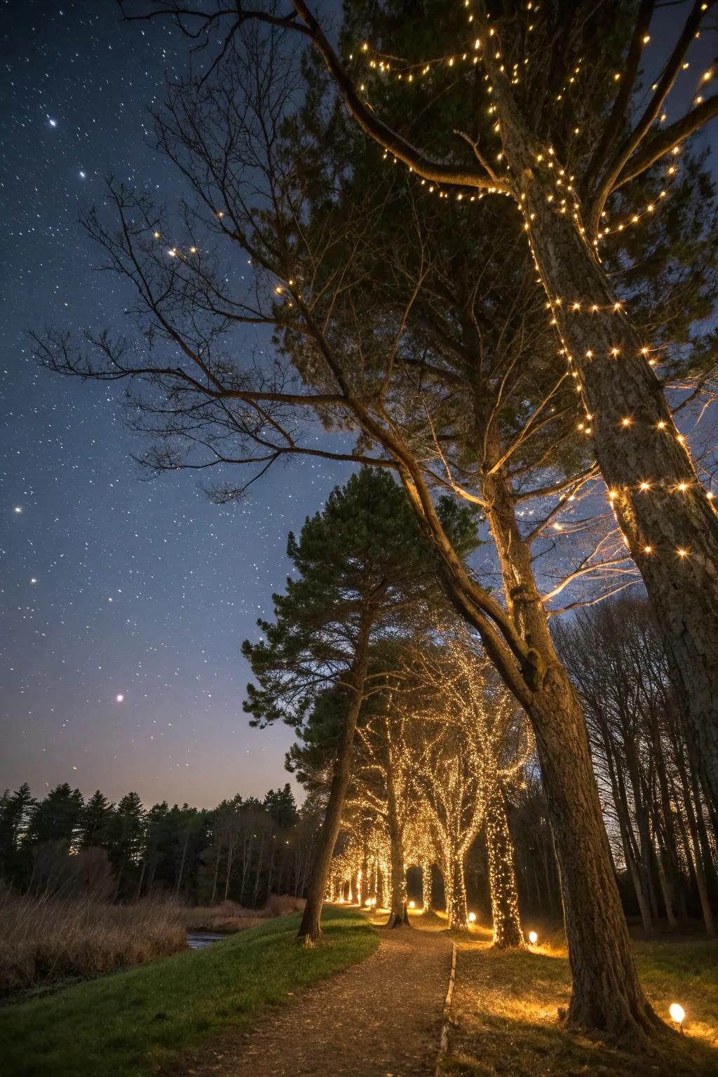 A dreamy firefly impression fashioned by small LED bulbs in trees.
