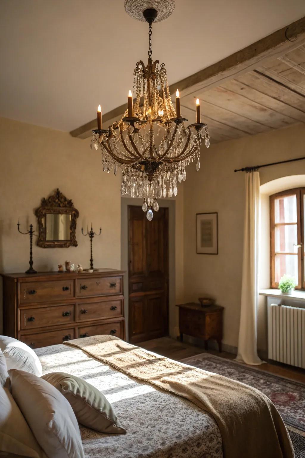 Antique lighting fixtures elevate the room's beauty.