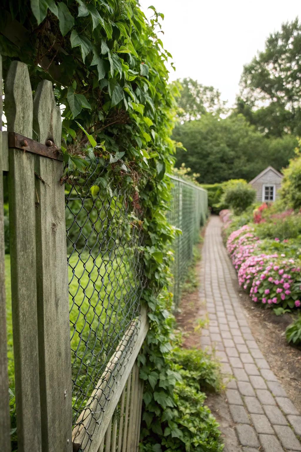 A living wall of greenery transforms a webbing linkage fence into a garden delight.