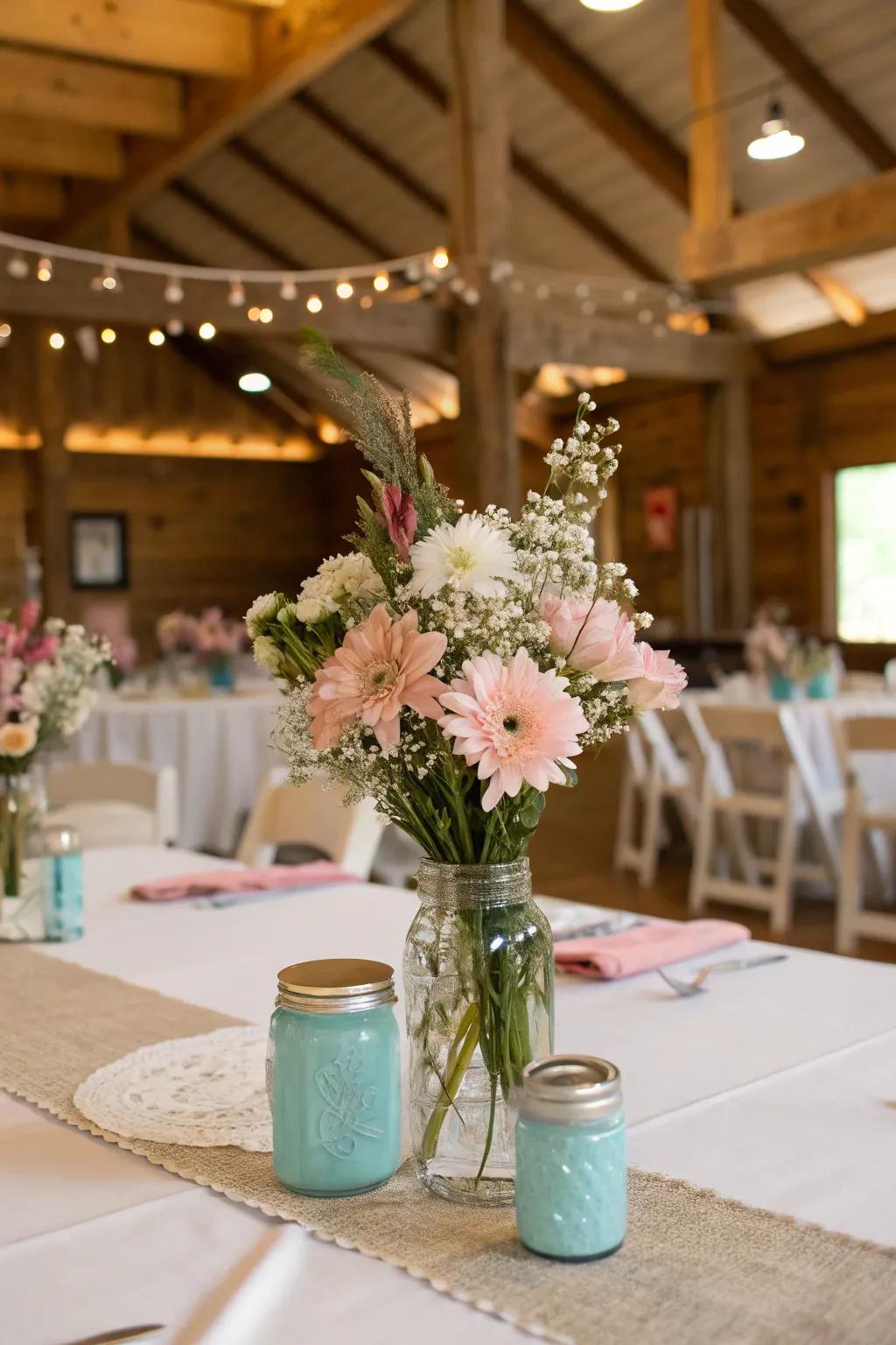 A countryside wedding table showcasing mason jar botanical centerpieces.