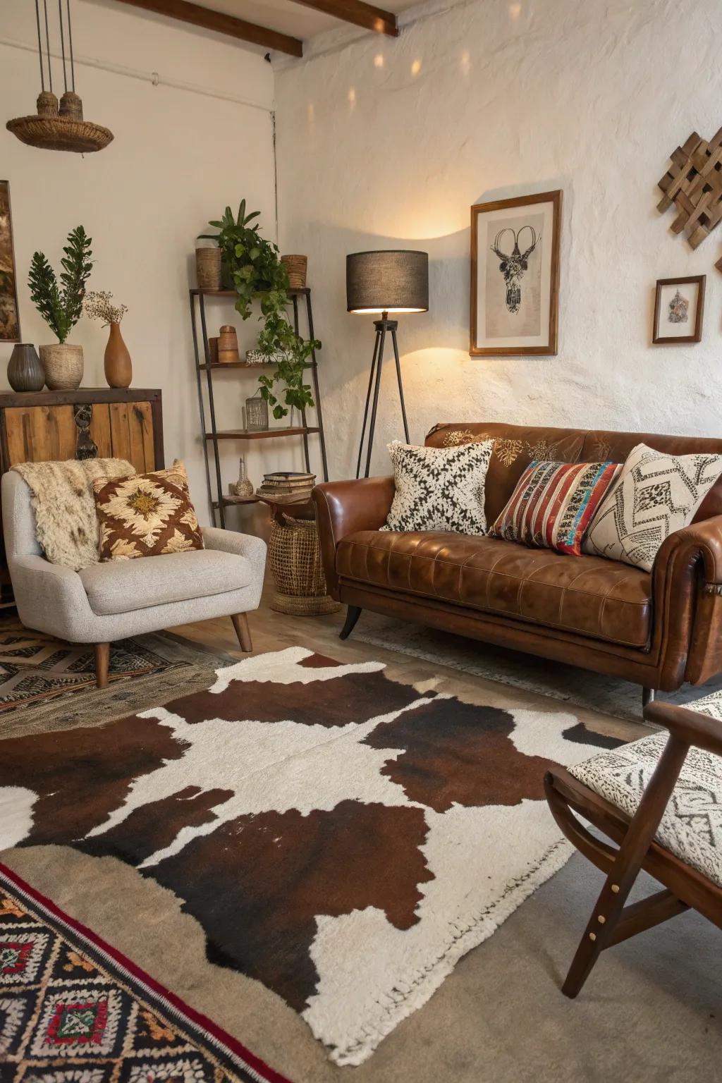 A room showcasing mixed styles with animal hide accents for a unique look.