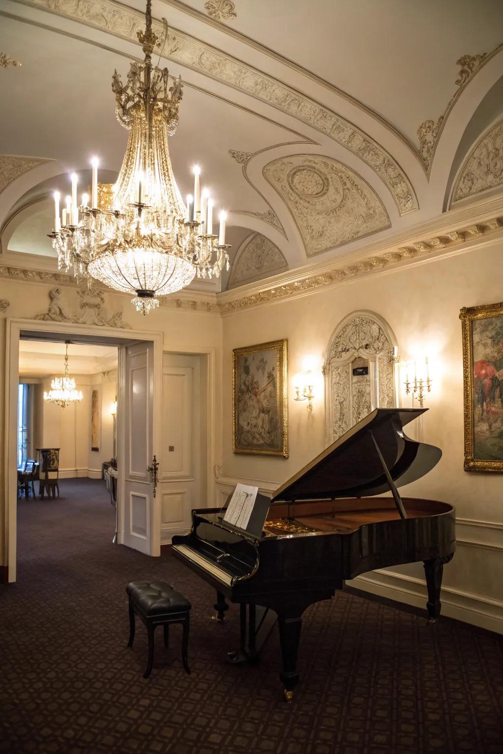 A chandelier brings about a touch of luxury.