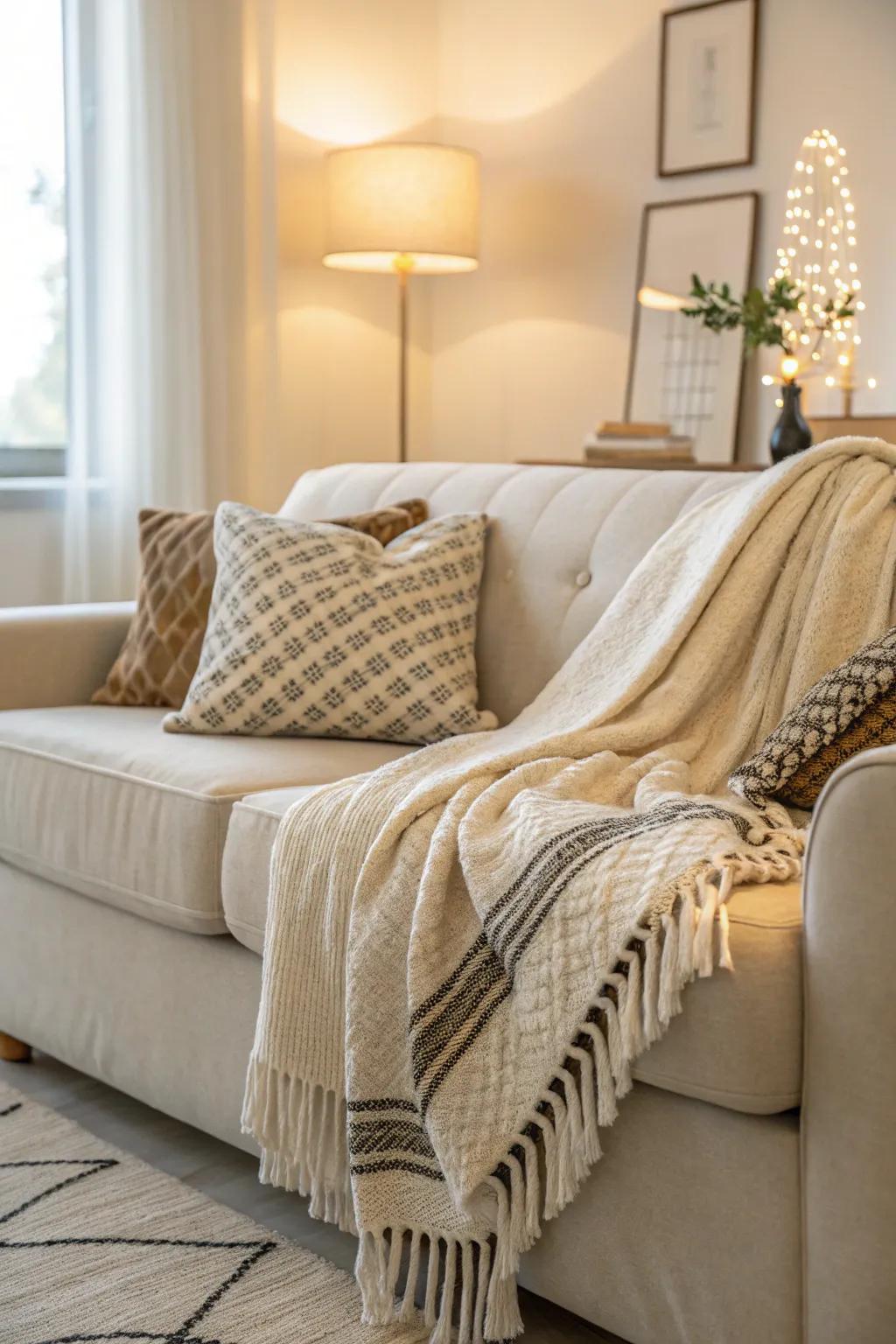 Cozy throws enhance the warmth and texture of a cream couch.