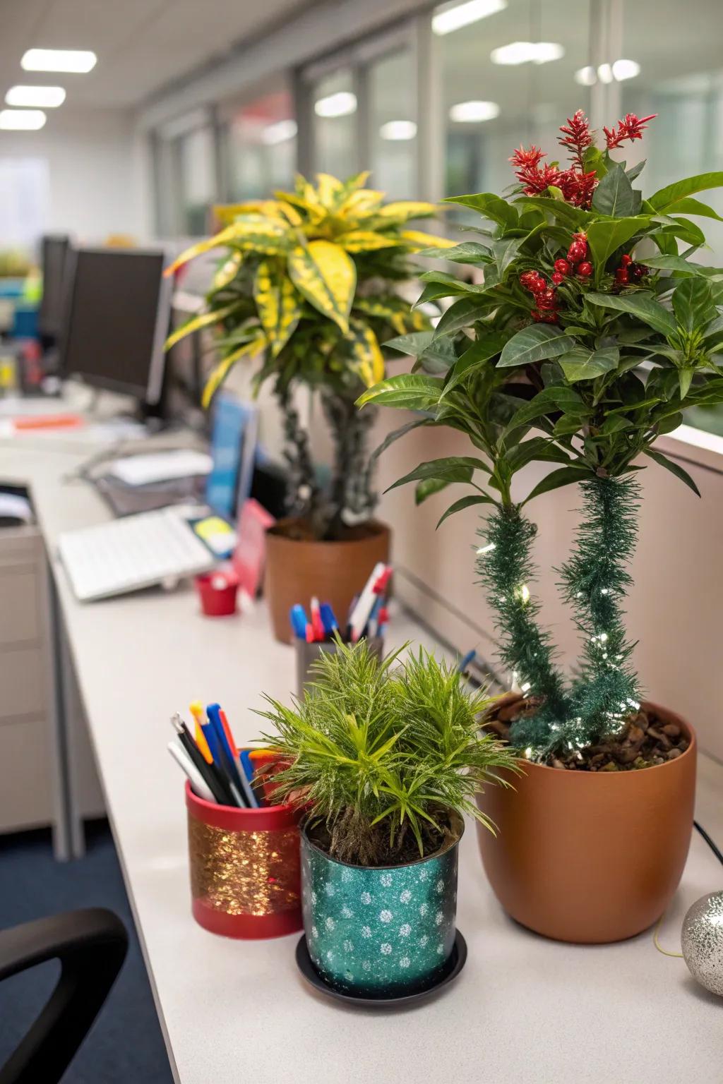 Transform desk foliage with festive decor for a holiday touch.