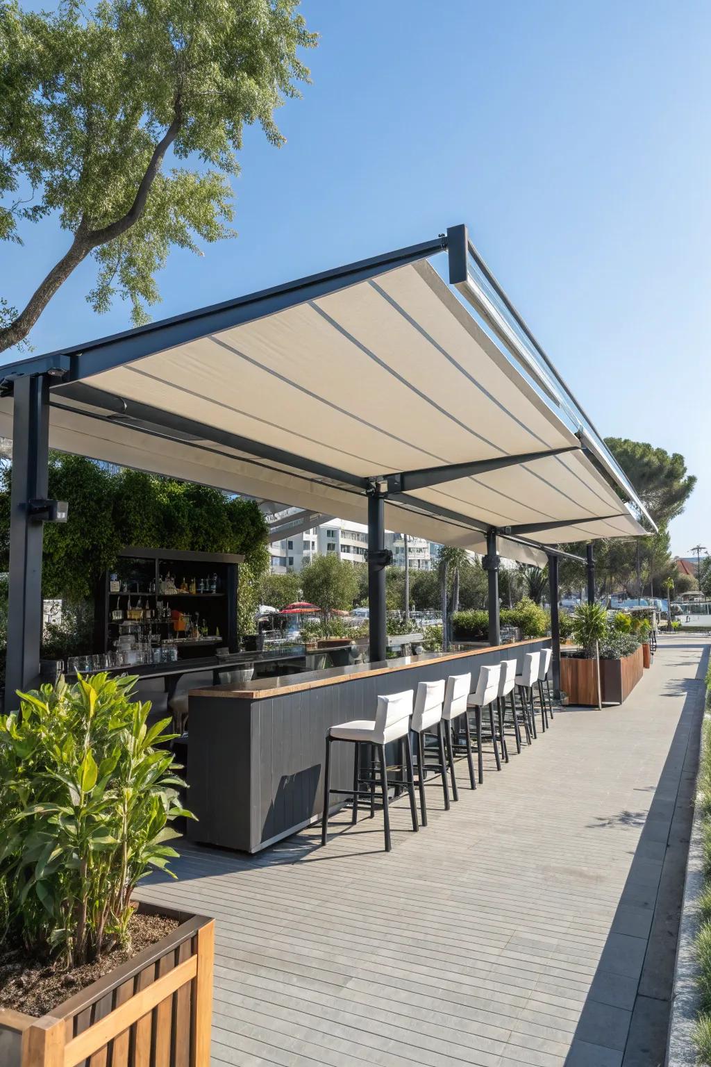 An awning delivers stylish shelter for this outdoor bar.