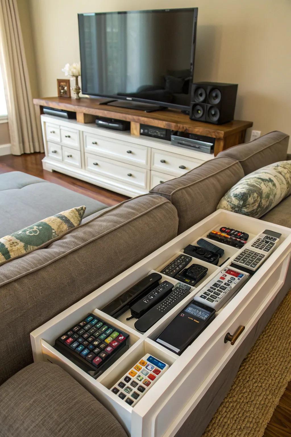 A multimedia platform arrangement on a sideboard for entertainment purposes.