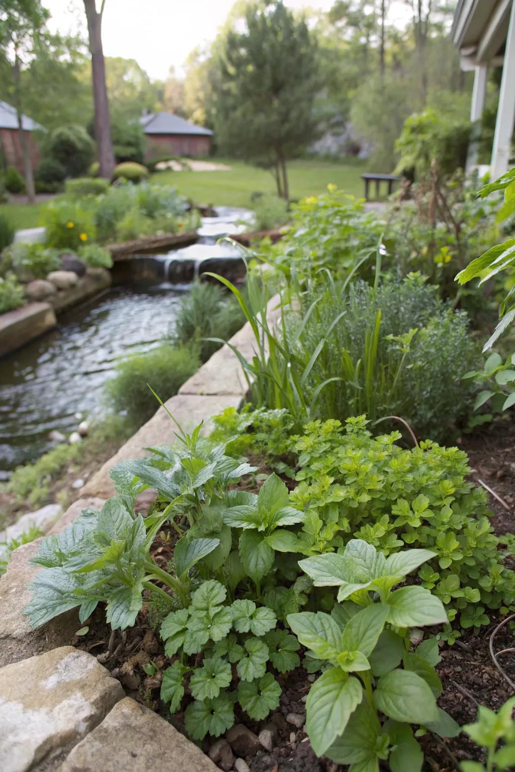 Usable plants flourish by the creek, supplying fresh components for your cooking.