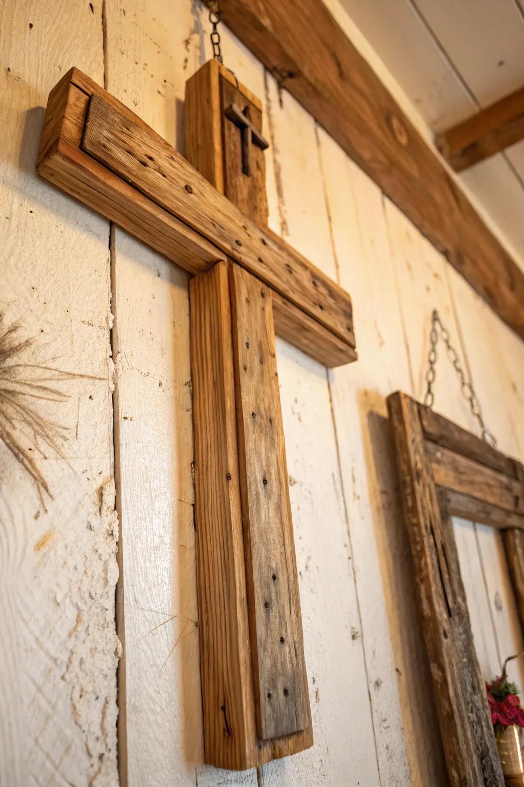Bespoke cross wall aesthetic fashioned from repurposed substances.