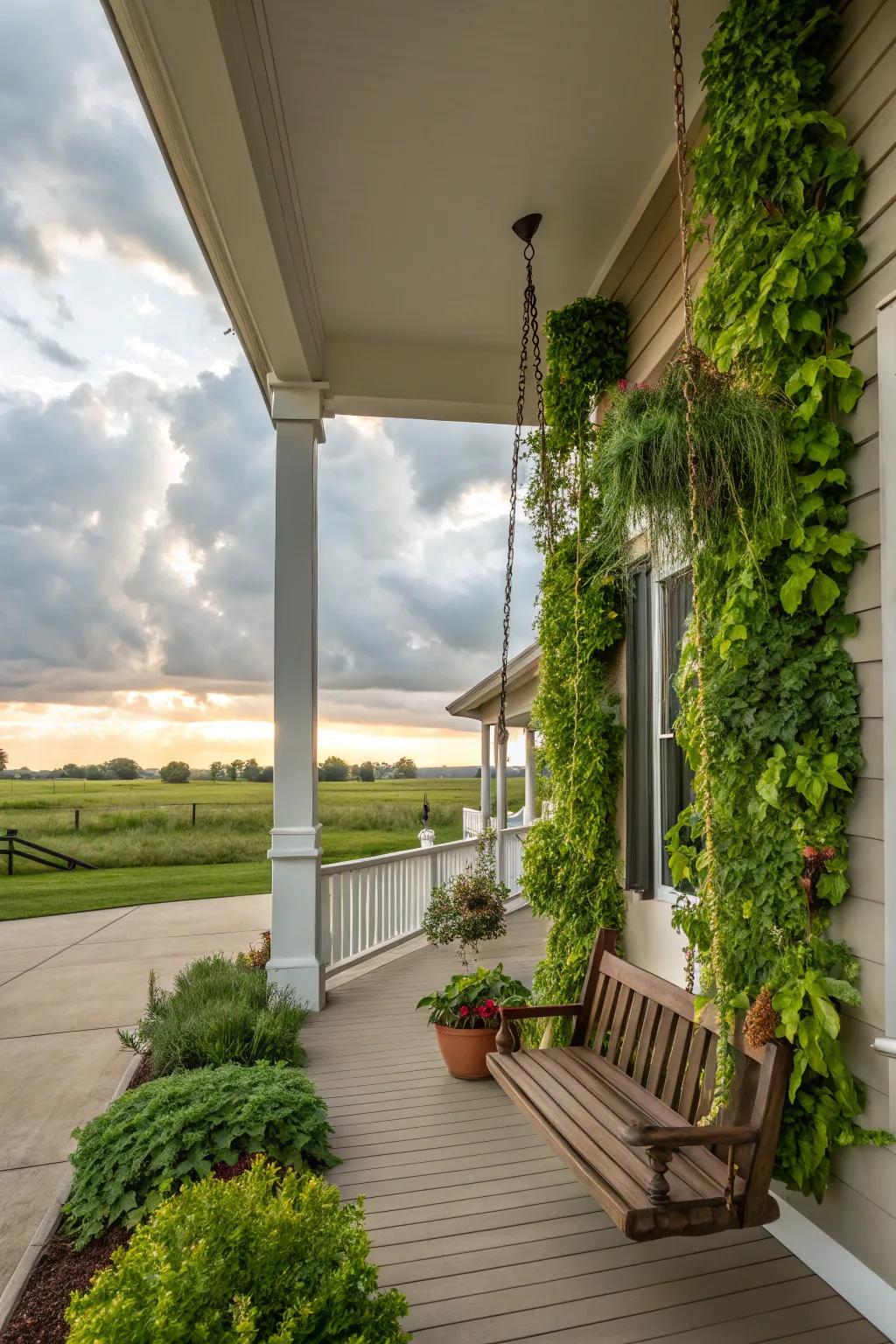 Vertical plant life adds liveliness to porches with limited area.