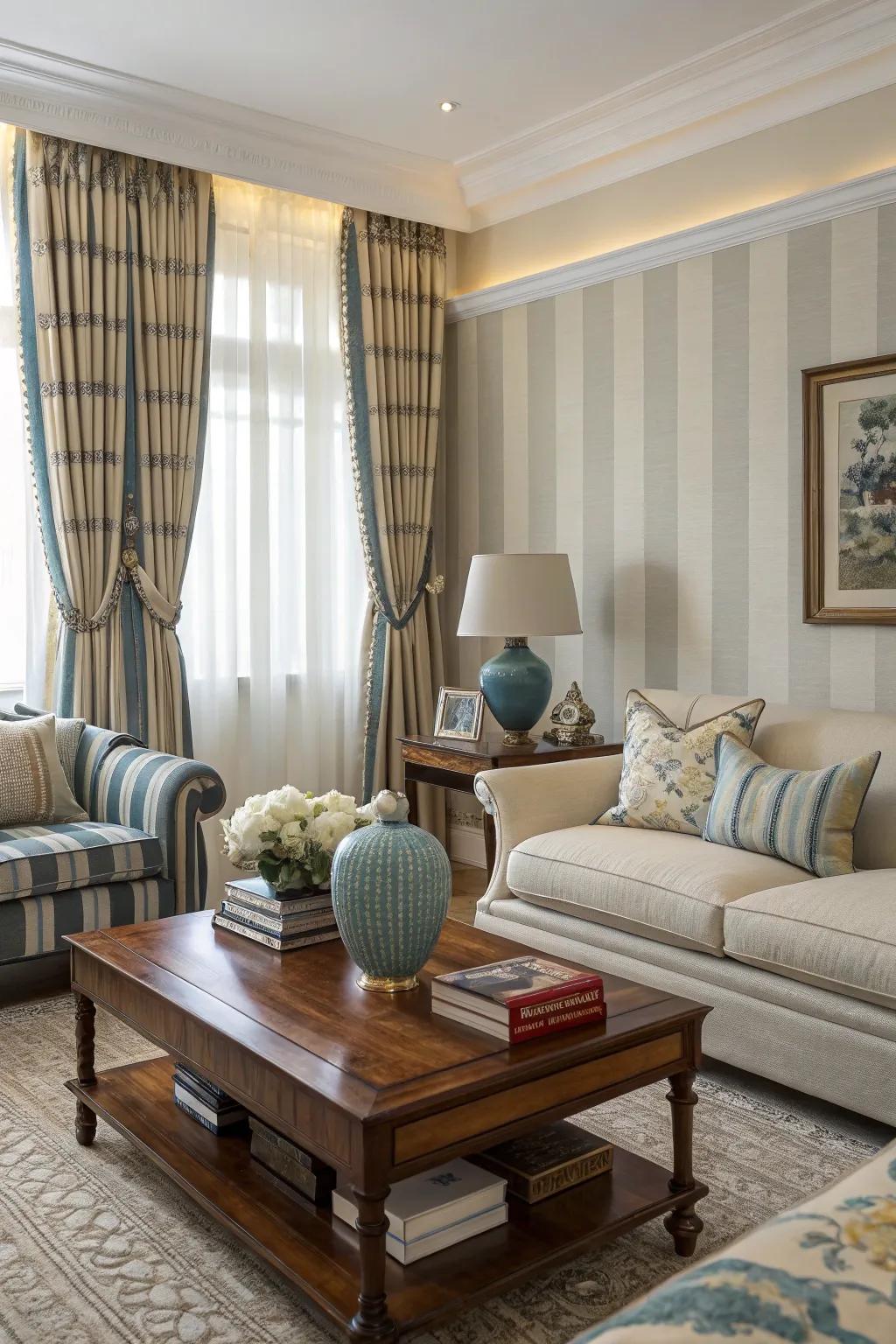 Striped window coverings deliver timeless elegance.