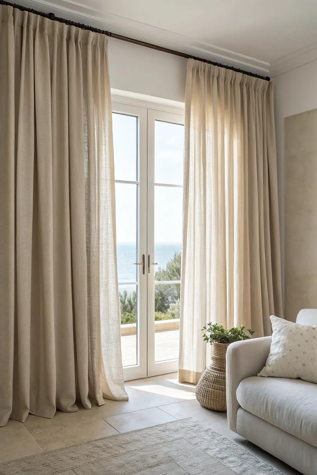 Neutral drapes offer classic elegance and flexibility.