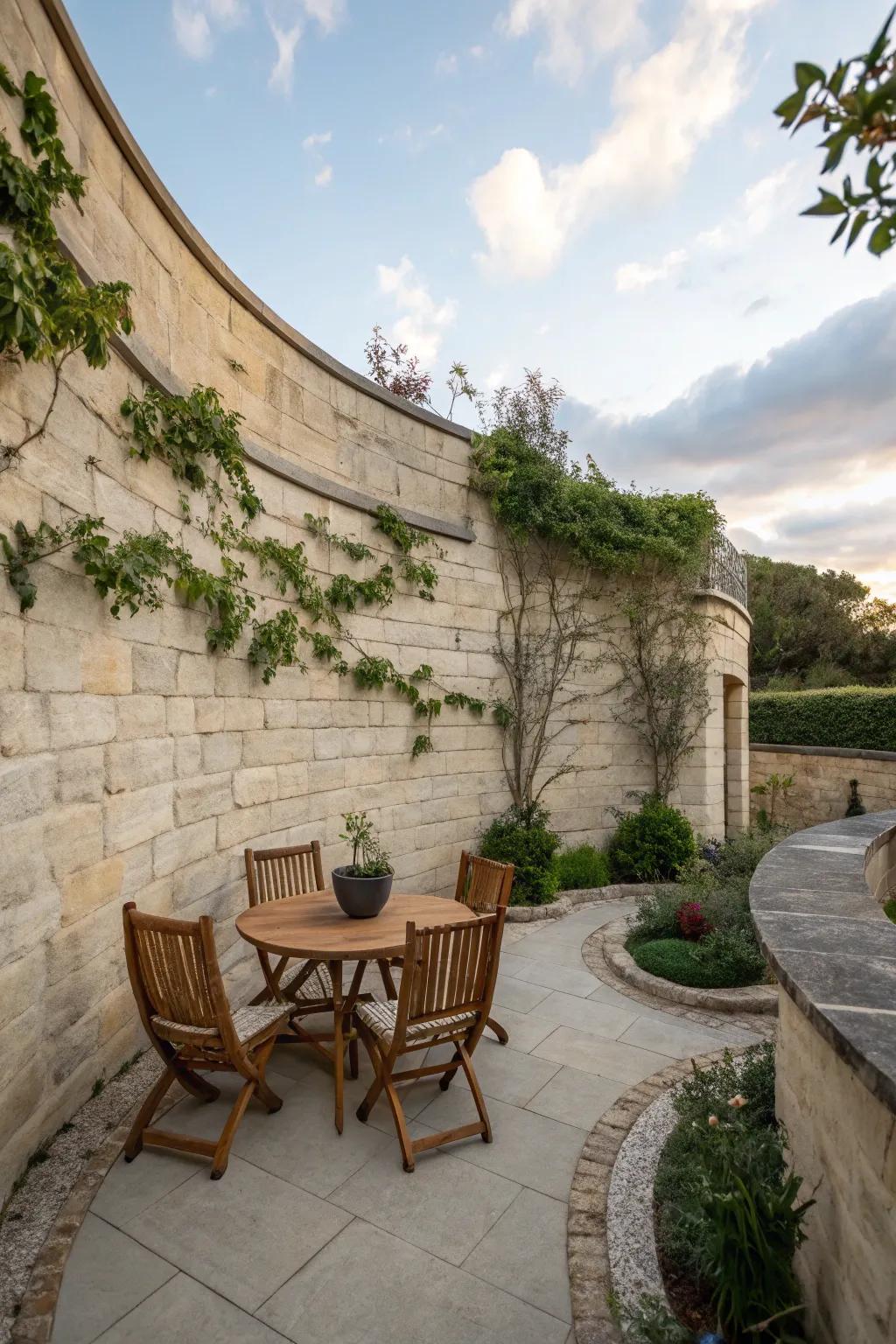 A cozy patio with elegant curved walls that create a private retreat.