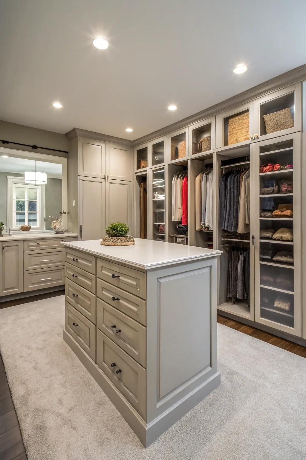 A multi-purpose centertable enhances closet utility.