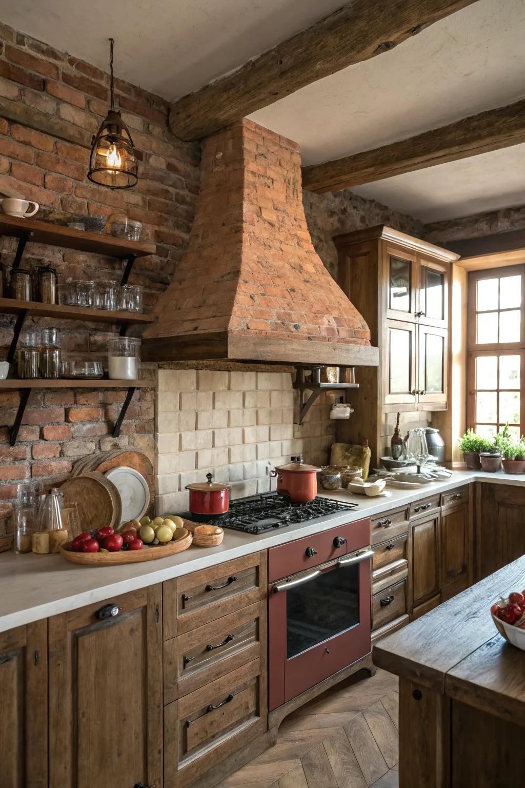 Range hoods clad in brick introduce vintage charm and warmth.
