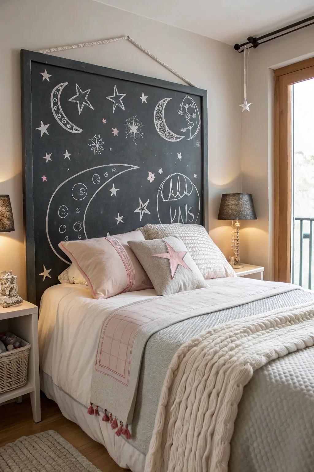 A dreamy and fanciful chalkboard bedframe gracing the sleeping quarter.