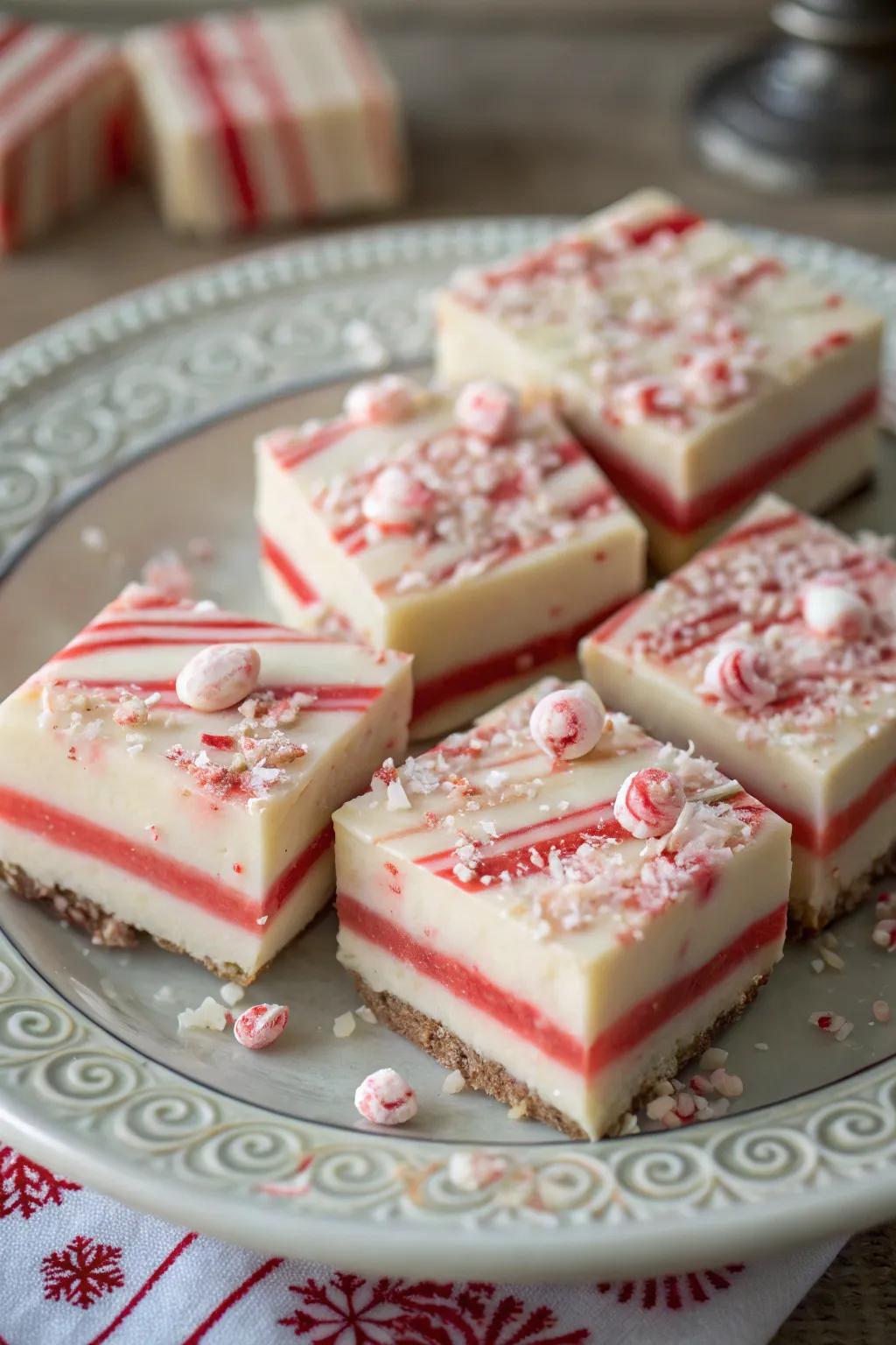 Indulgent candy cane fudge that's a holiday favorite.