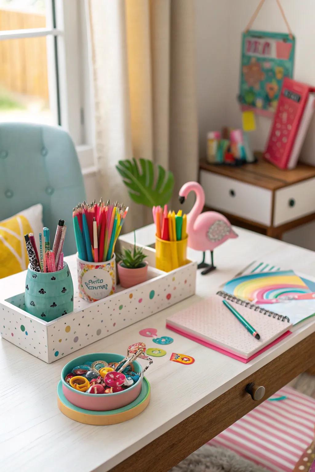A desk filled with fun and quirky accessories, creating a lively and cheerful atmosphere.