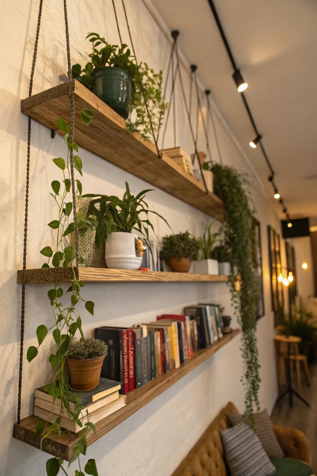 Floating shelves offer fashionable storage solutions.