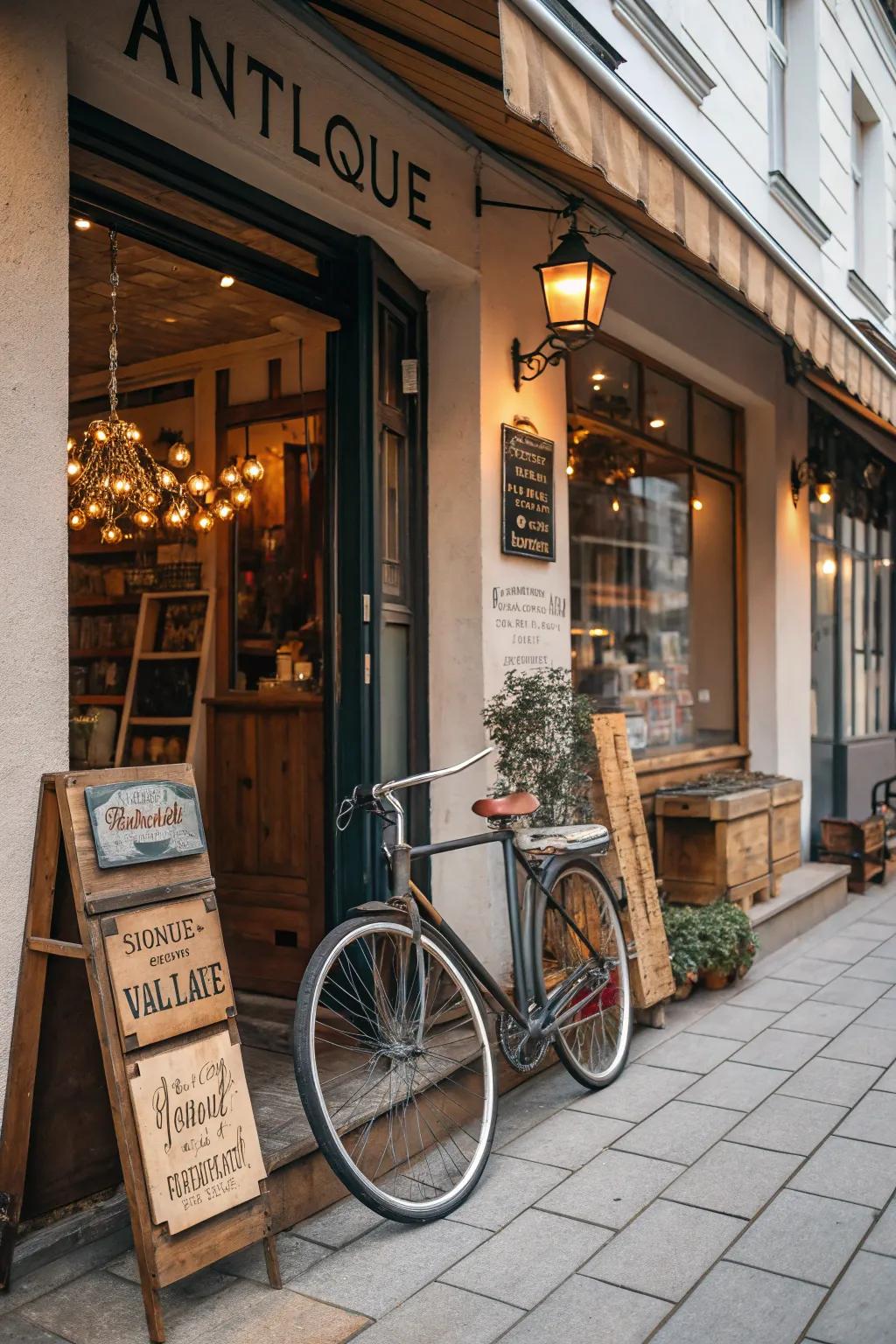 A shop front enhanced with timeless discoveries, conjuring a nostalgic charm.