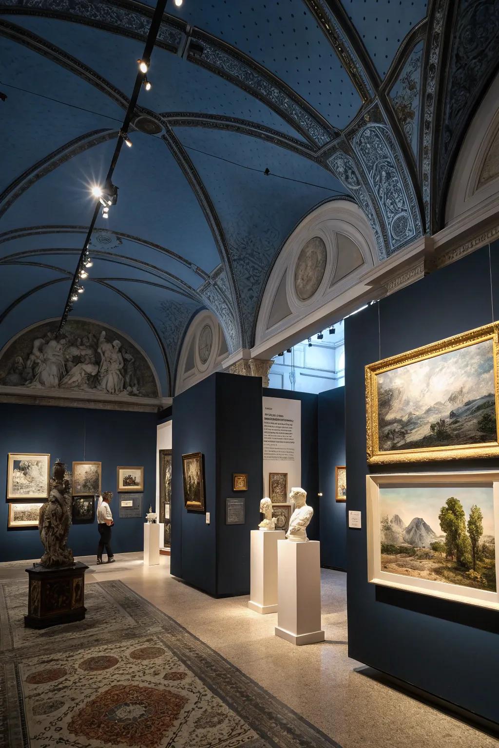 An artistic nook highlighted by a striking dark blue ceiling.