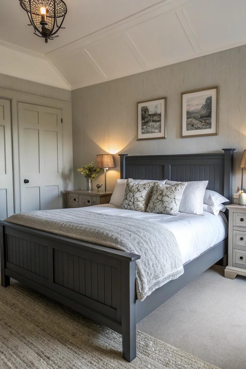 Chalk components deliver a vibrant disparity to a shadowy grey bed frame.