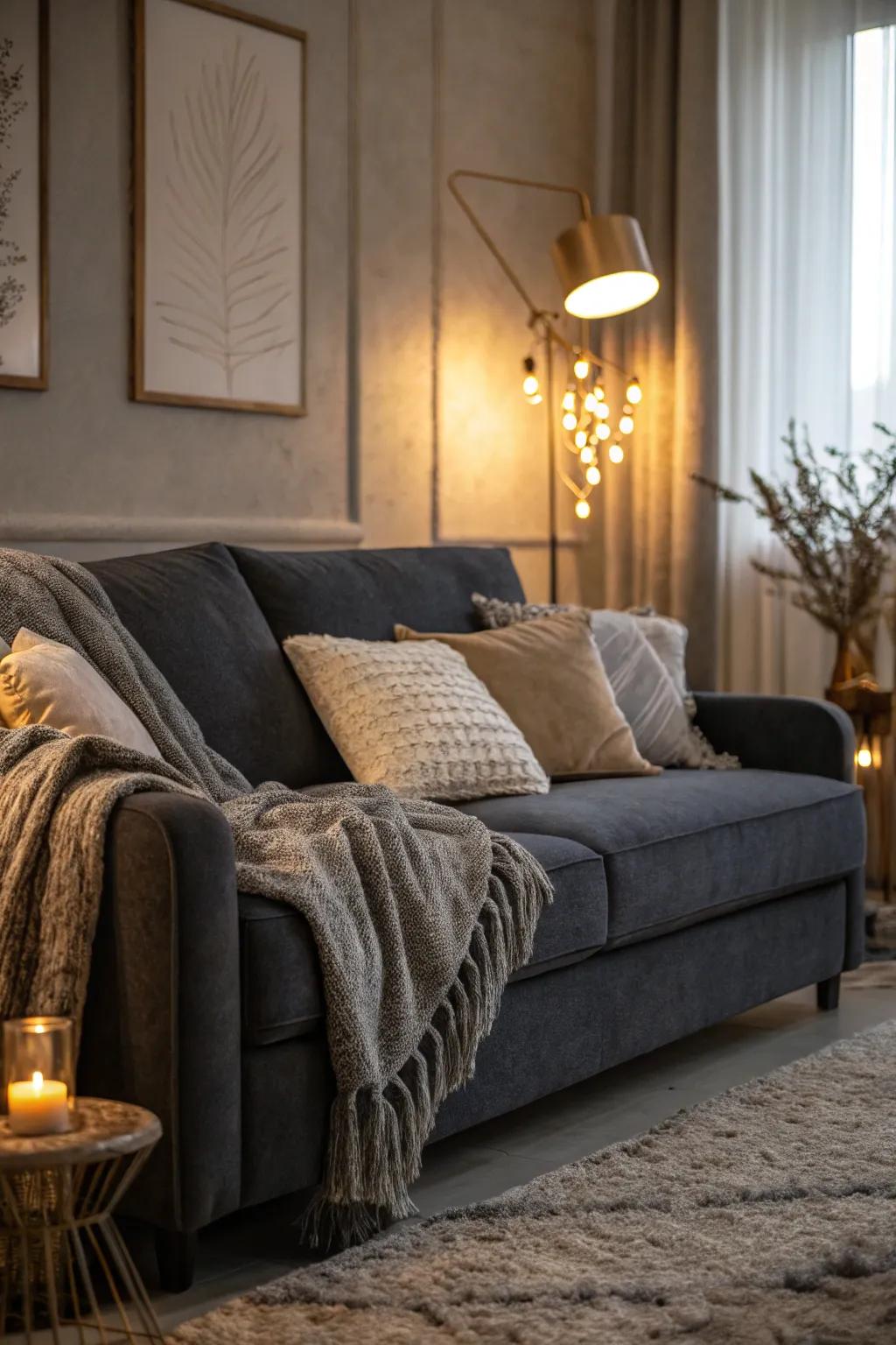 A soothing sanctuary is crafted with gentle illumination and opulent textures.