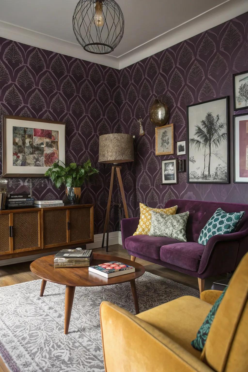 Violet wall covering adds depth and pattern to this diverse living space.