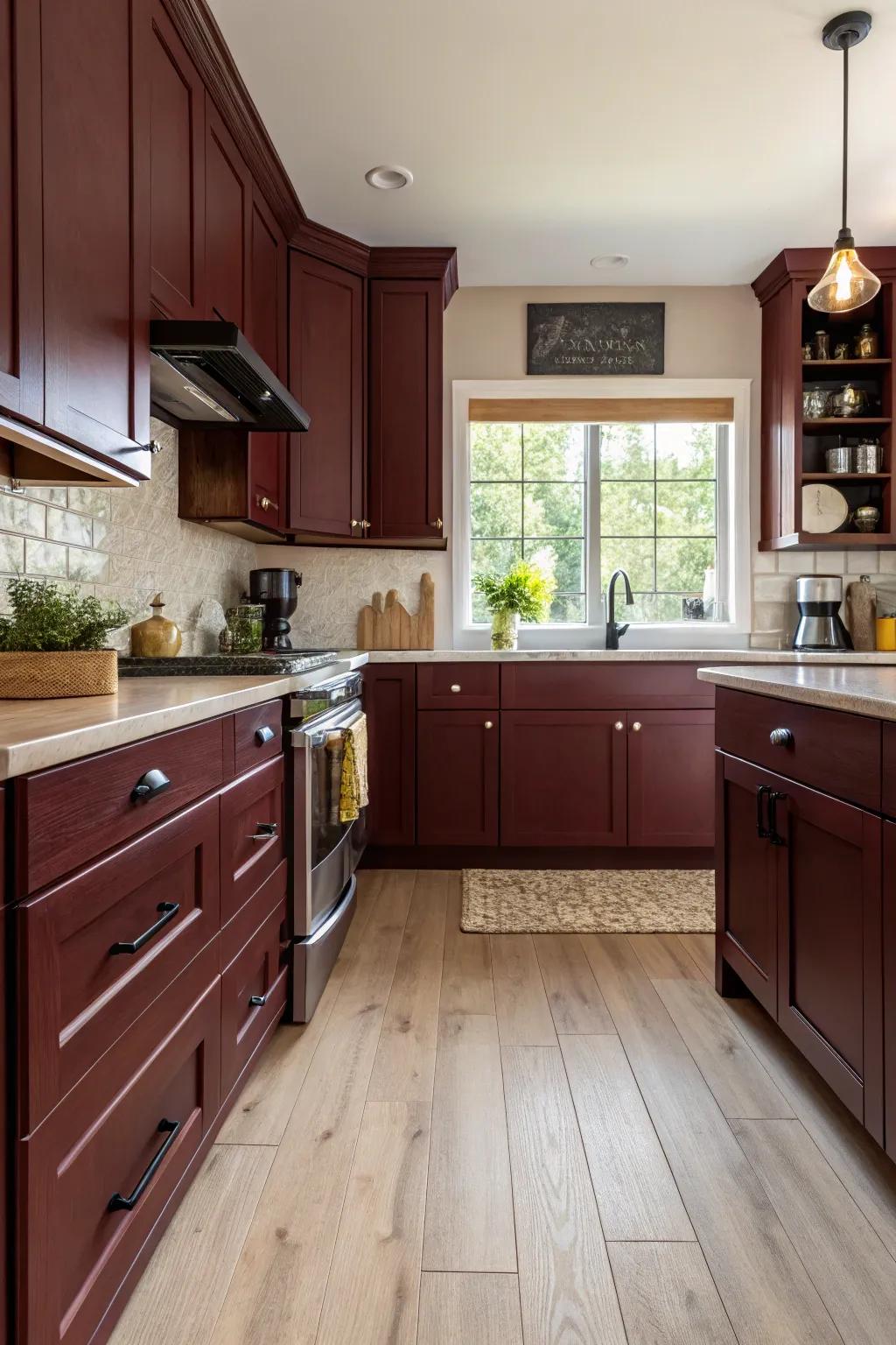 Bright kitchen with pale flooring and dark red cabinets.