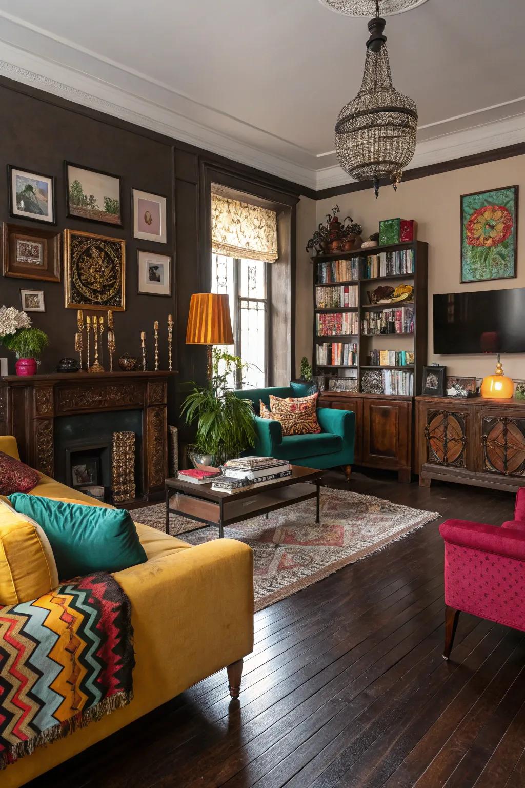 A vibrant, eclectic living room featuring dark wood floors and funky colors.