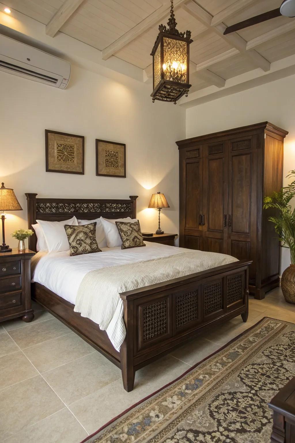 White accents create balance in environments featuring deep-toned timber.