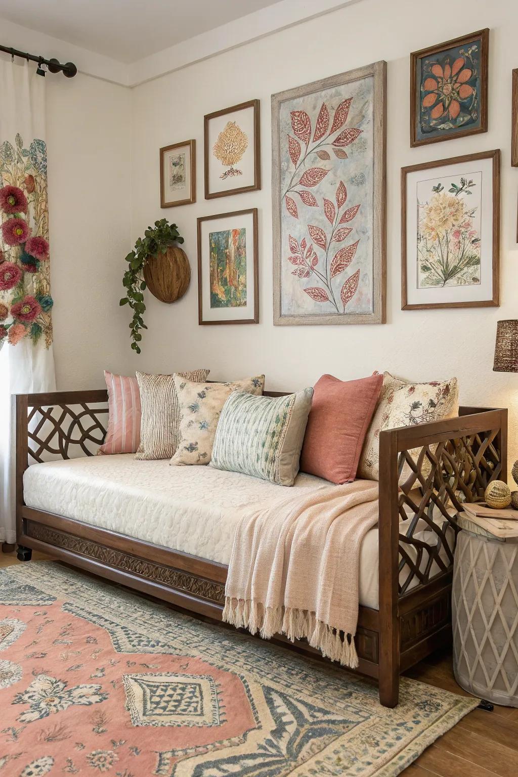 Artwork and décor personalize the area surrounding a daybed.