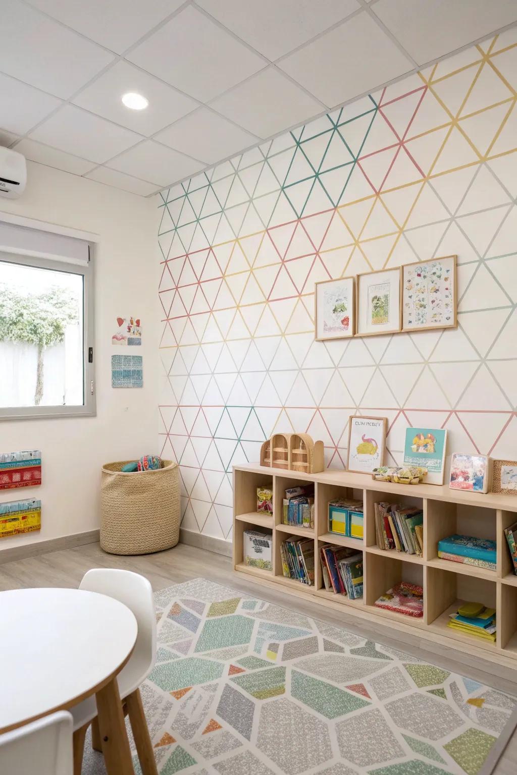 A streamlined and modern daycare area with minimalist pattern wallcovering.