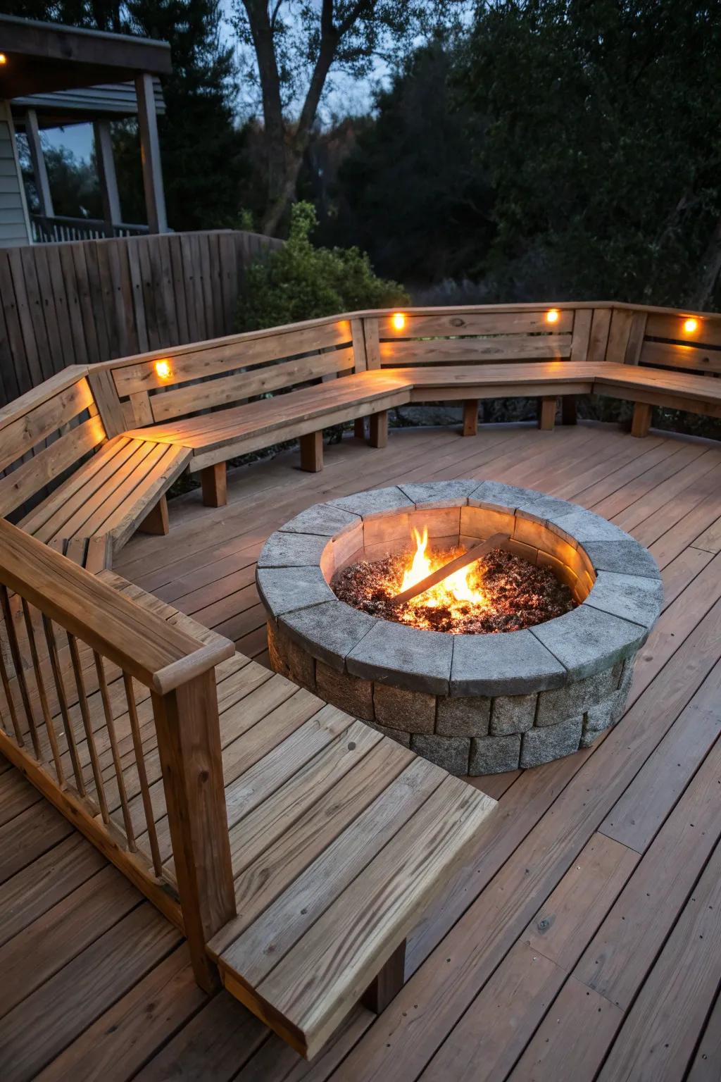 Integrated seating around a fire feature creates a cozy and efficient seating arrangement.