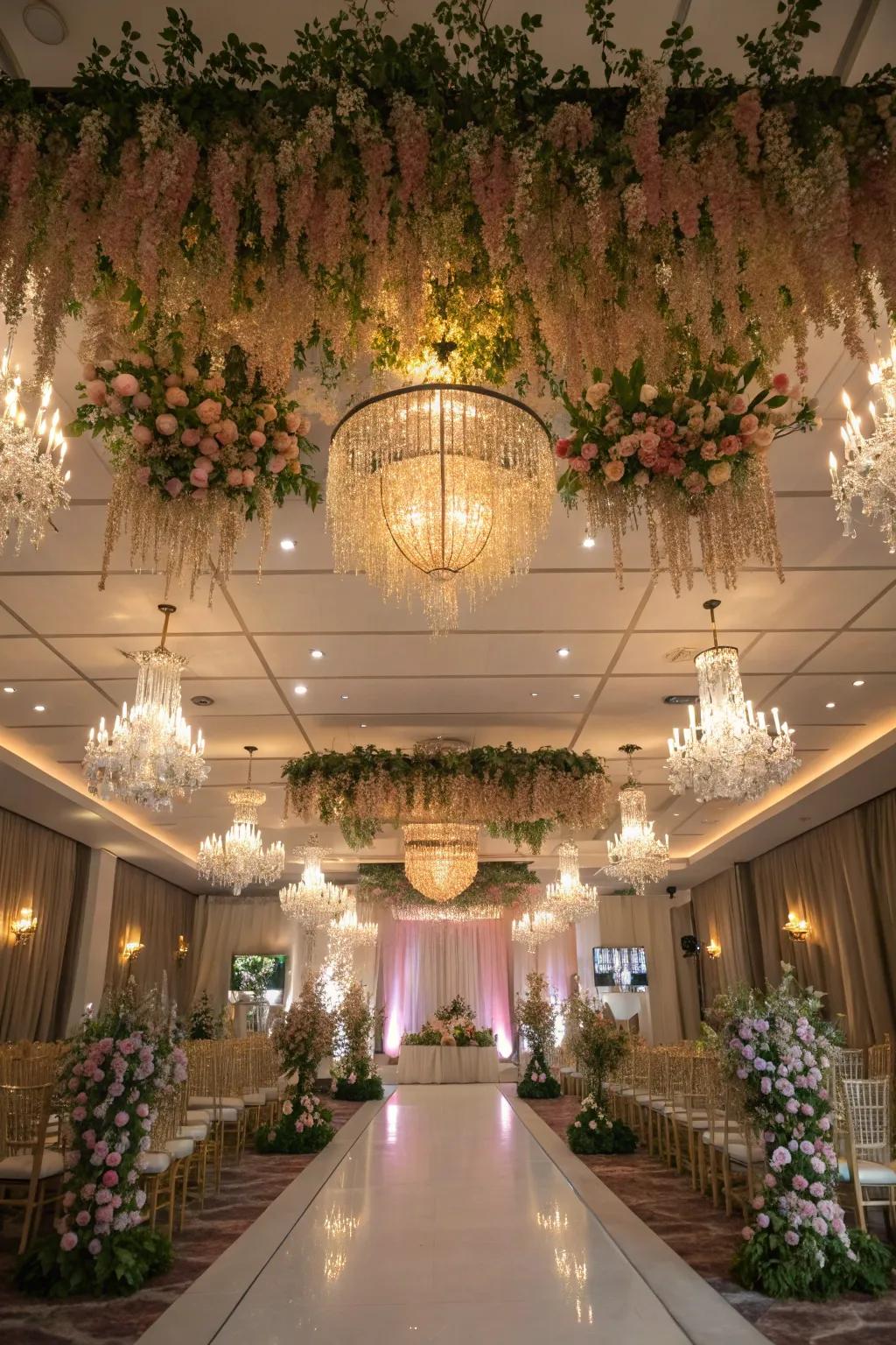 Stunning ceiling decor delivering a wow effect to a ceremony venue.