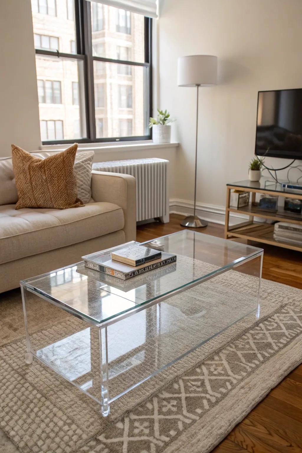 Transparent furniture offers functionality without visual bulk.